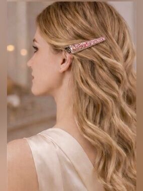 🌸Pink Floral Crystal Hair Barrette/Hinged Clip | Silver Tone Filigree Backing